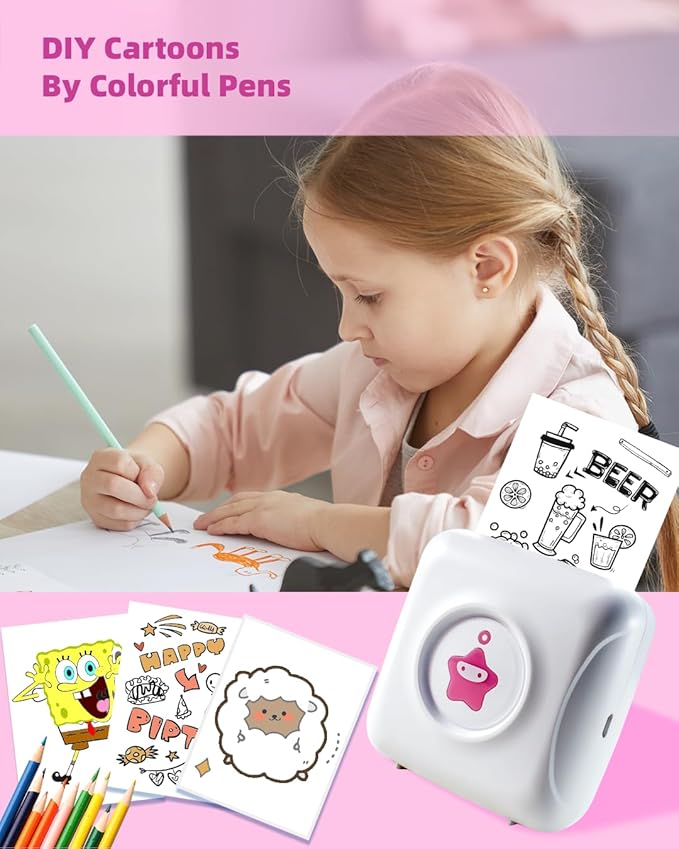 vretti Mini Pocket Printer - Portable Thermal Printer with 1 Roll Sticker Paper, Bluetooth Mini Printer for iPhone & Android, TP2-Y Inkless Sticker Maker for Notes, Photos, Labels, DIY