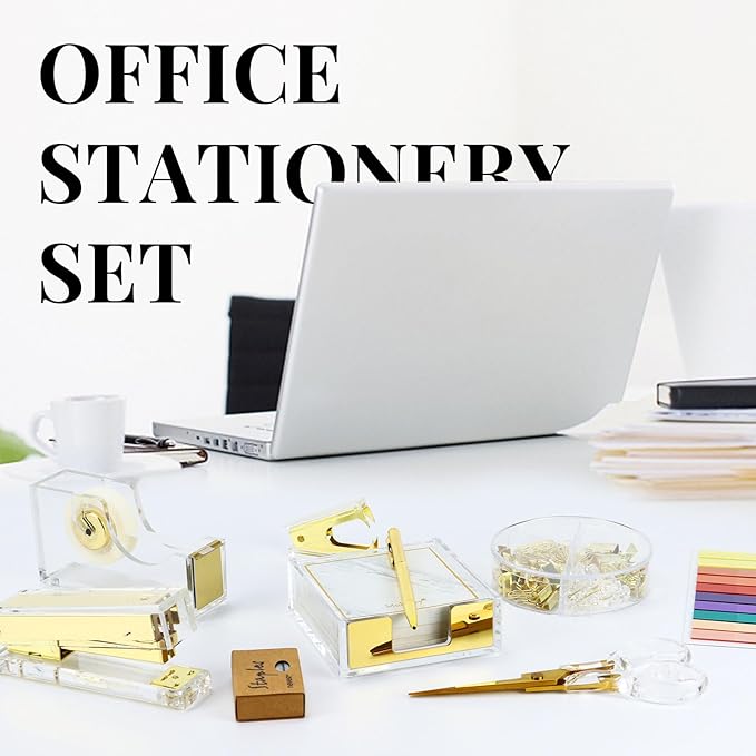 Buqoo Gold Acrylic Sticky Notes Holder Stapler and Tape Dispenser Cutter with Staple Remover, Sticky Notes, Paper Clips, Scissor, Ballpoint Pen for School Home N Office Supplies