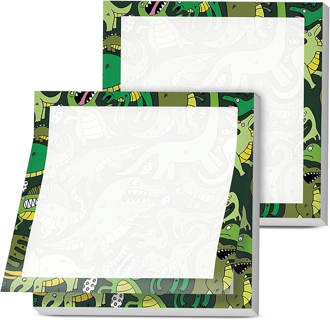 Sticky Notes, 2 Pads, 3x3 inches, Cute Colorful Fun Self-Stick Note Pads, Easy Post, Strong Adhesive Notepad Green Dino Pattern