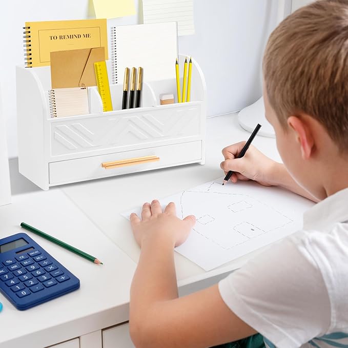 Mail Organizer Countertop Kitchen-White Mail Holder Countertop Drawers Wood Desk Drawer Tabletop Storage Organization Pen Holder Letter Sorter Makeup Organizer for School Home Office Supplies