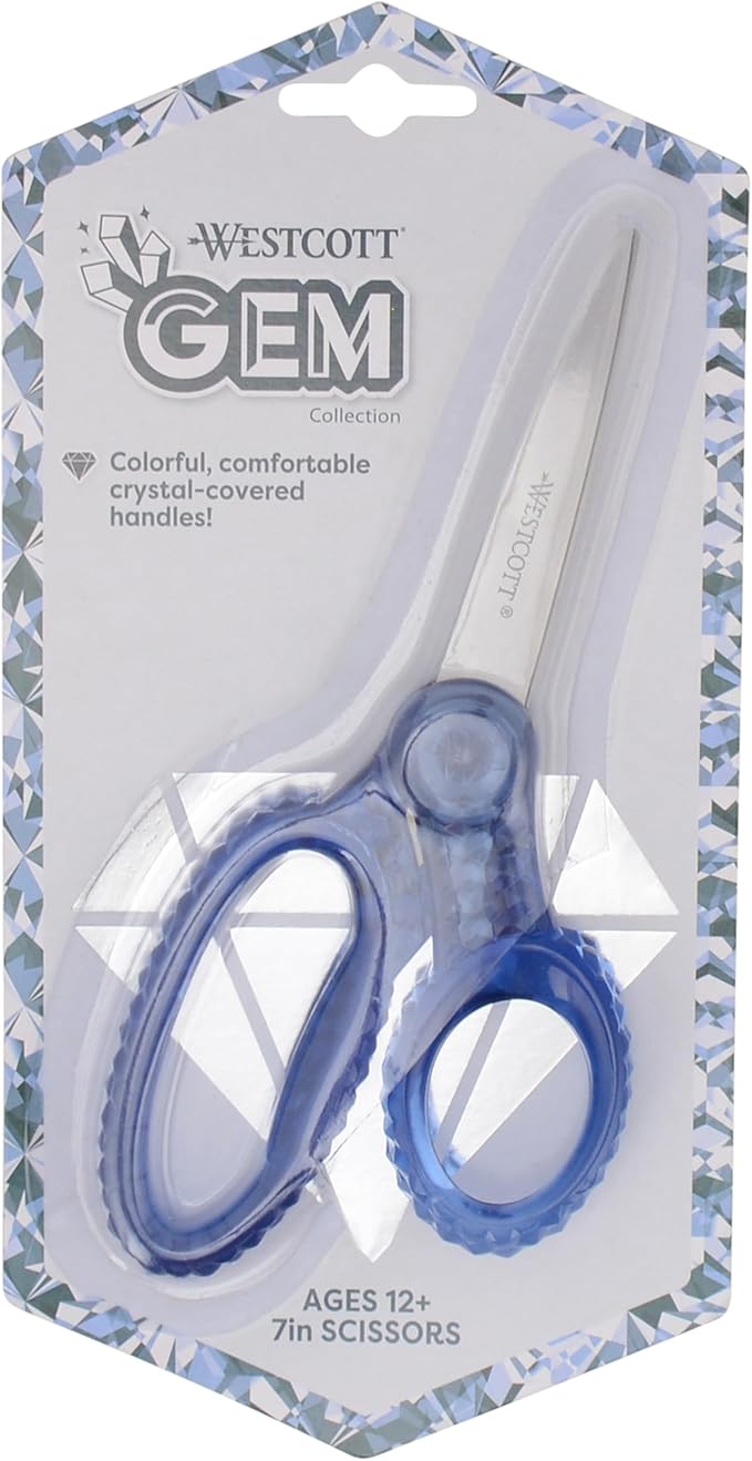 Westcott GEM Crystal-Design 7-Inch Pointed Student Scissors for Ages 12+, Classroom Essential with Comfortable Grip, Ideal for Left or Right Hand, Back to School, School Supplies, Blue