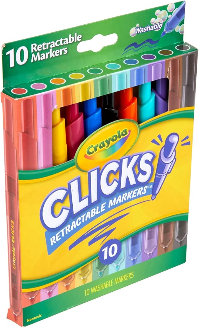 Crayola Clicks Retractable Tip Markers (10ct), Stocking Stuffers for Kids & Toddlers, Cone Tip Washable Art Marker Set, Coloring Book Supplies, No Dry, 3+