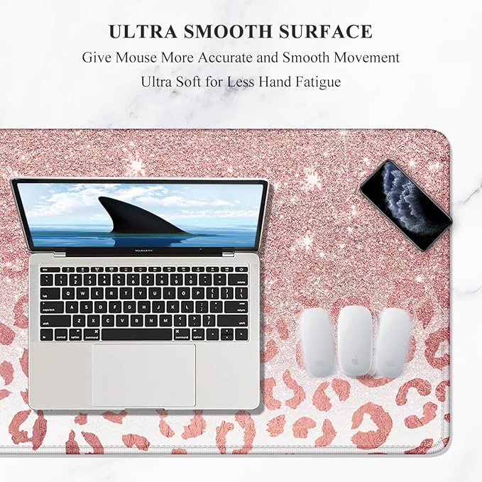 Auhoahsil Large Mouse Pad, XXL Desk Pad, Extened 35" x 15", Non-Slip Rubber Base, Stitched Edges, Superior Surface, Waterproof Keyboard Mat, Large Mousepad for Gamer, Office & Home, Pink Gold Leopard