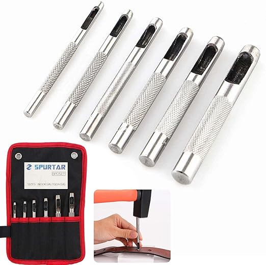 Spurtar 6PCS Leather Hole Punch 1/8'' - 5/16'' Heavy Duty Round Hollow Belt Hole Puncher High Carbon Steel Leather Punch Tool for Belts Watch Cloth Gaskets with Storage Bag