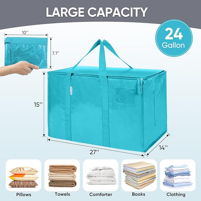 TICONN 6 Pack Extra Large Moving Bags with Zippers & Carrying Handles, Heavy-Duty Storage Tote Moving Boxes for Space Saving (6 Pack, Aqua)