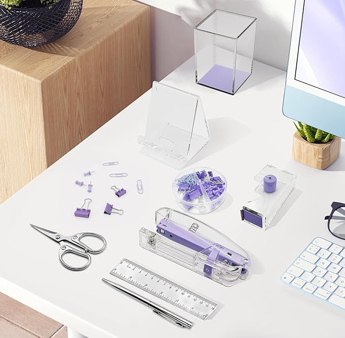 DRQ Purple Desk Organizers and Accessories Office Supplies, 10Pcs Set for Office with Stapler, Tape Dispenser, Pens, Pen Holder, Phone Holder, Tape, Ruler, 1 Box Staple, Scissors and 1 Box of Clip