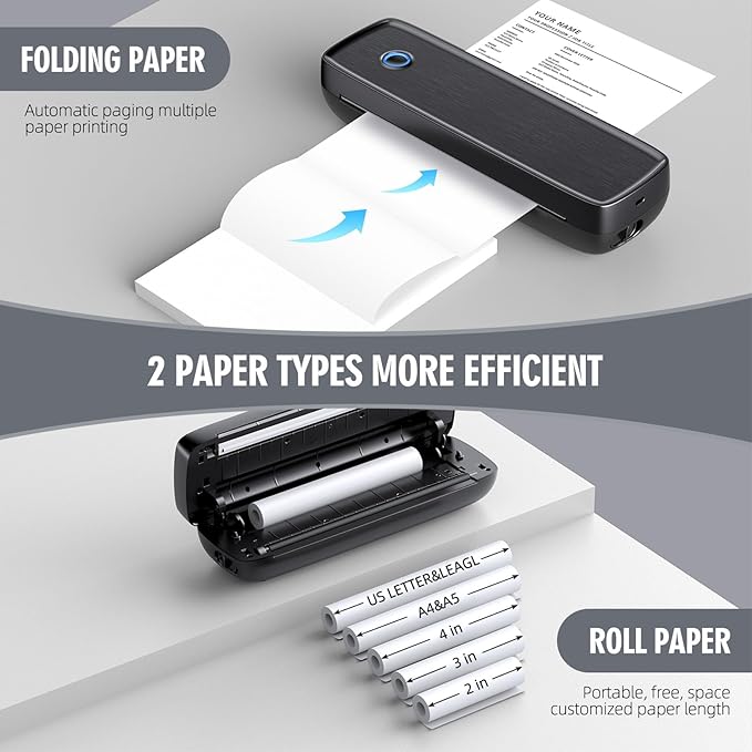 Portable Printer Wireless for Travel，Bluetooth Thermal Support 8.5inches X 11inches US Letter &Legal, A4&A5 Thermal Paper, Inkless Compatible with iOS, Android & Laptop for Office Car Home