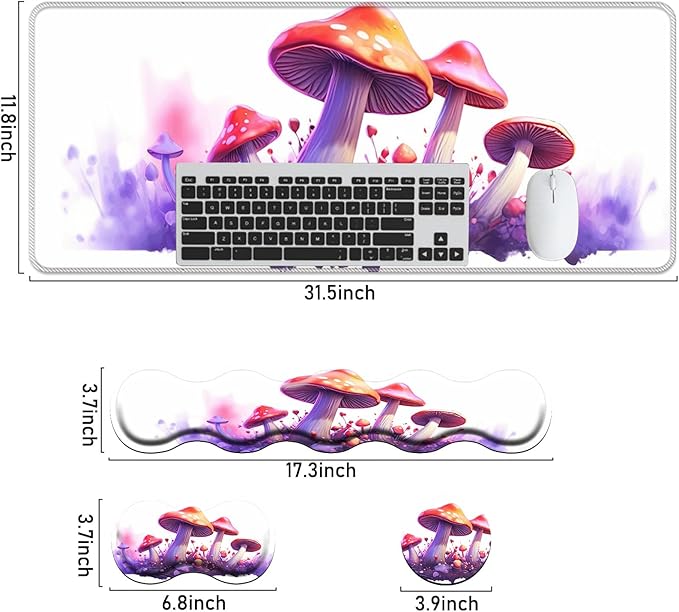 Keyboard Mouse Pad Set,Large Mouse Pad+Keyboard Wrist Rest+Wrist Support+Coaster,31.5x11.8in Extended Desk Mat for Computer Laptop Office Home-Mushrooms