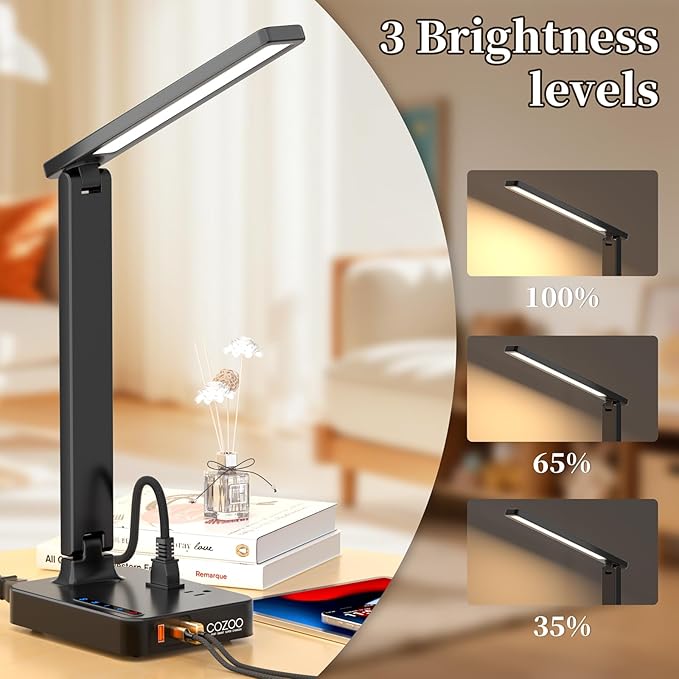 COZOO LED Desk Lamp with 3 USB Charging Ports,2 AC Outlet,3 Color Modes 3 Brightness Levels,Touch/Memory/Timer Function,Eye-Caring Home Office Foldable Natural Light Task Lamp for Reading,Study,Crafts