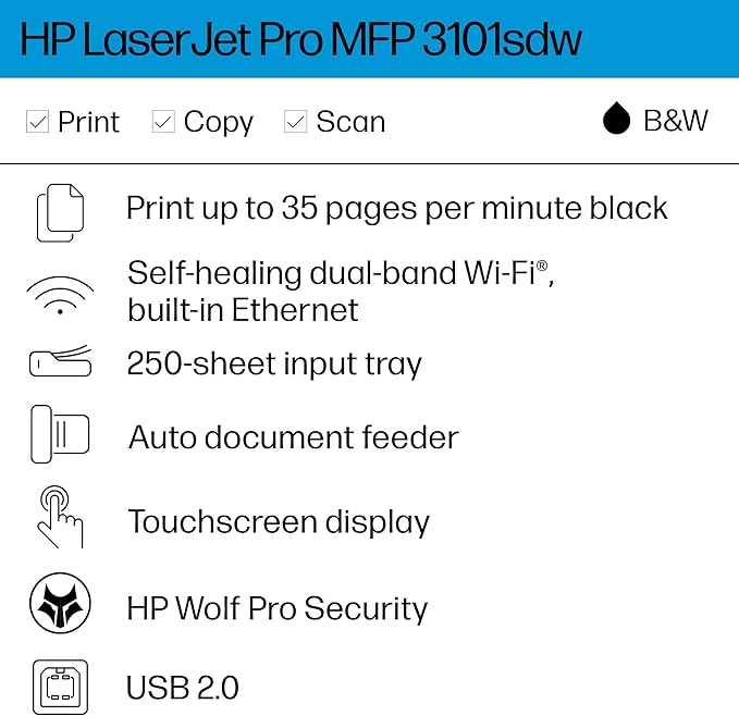 HP Laserjet Pro MFP 3101sdw Black & White Printer, Print, Scan & Copy