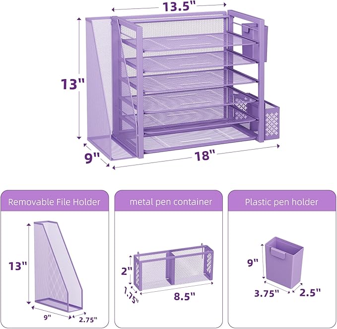 Simple Trending 6 Tier Desk File Organizer, Paper Letter Tray Organizer with File Holder and Pen Container, Purple