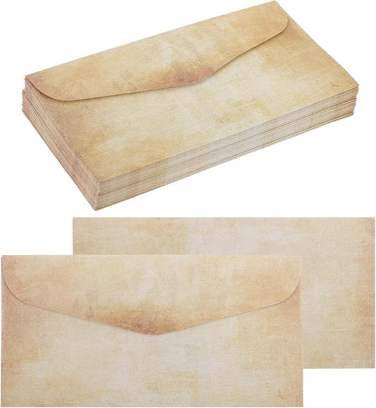 MECCANIXITY 48 Packs Envelopes Vintage Stationery Brown Yellow Marks Stationery Old Fashion Paper for Letter Writing, Invitations, Wedding-9 x 4 Inch