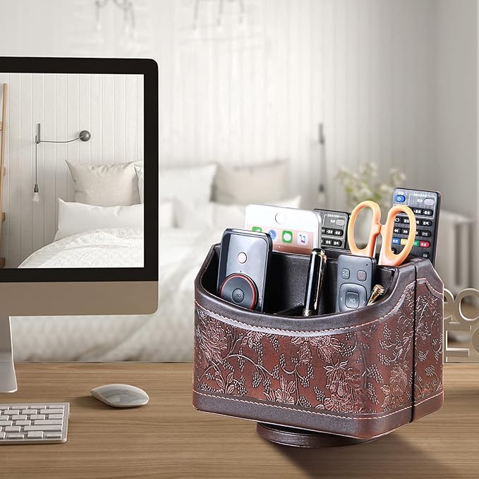 YAPISHI Antique Leather Remote Control Holder, 360 Degree Spinning Desk TV Remote Caddy/Box, Bedside Table Organizer for Controller, Media, Calculator, Mobile Phone and Pen Storage