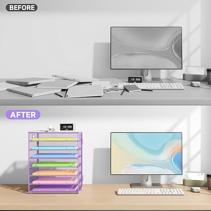 Paper Organizer with Handle Metal Mesh File Sorter for Desk Organizers Paper Letter Tray Desktop Document Sorter for Office or School 2 Pack 8 Tier Purple Desk Storage