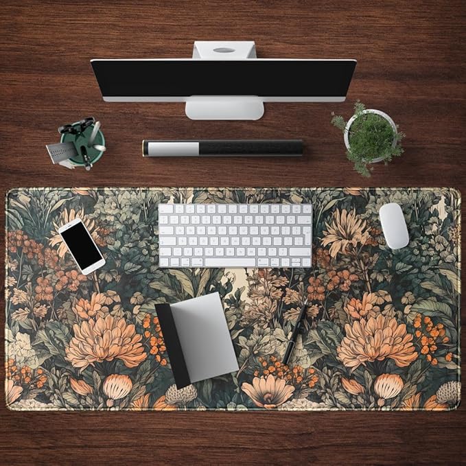 Boho Aesthetic Desk Mat Wildflowers Large Mouse Pad Gaming Pad, XXL Keyboard Mat Full Desktop Women Office Desk Accessories with Stitched Edges Anti-Slip Funny Deskpad, 31.5 X 15.8 in