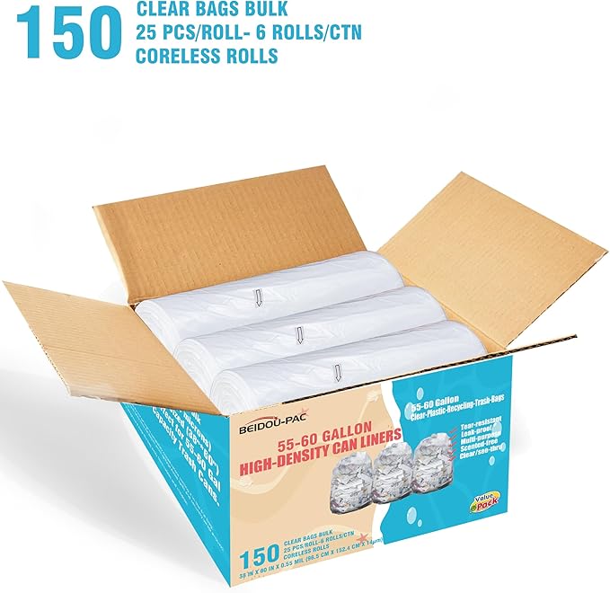 BEIDOU-PAC 55-60 Gallon Trash Bags, 150 Count Bulk, Heavy Duty Clear Plastic Recycling Garbage Bags, Multi-purpose Can Liners for Business Home Commercial, Industrial Contractors, Storage, Outdoor