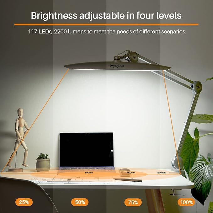 LED Desk Lamp with Clamp, Dimming Task Lamp for Reading Desktop Office Workbench Table Architect Sewing Study Home Craft, 117PCS LEDs, 2200 Lumens 20 Inch Metal Swivel Arm Work Lamp (Silver)
