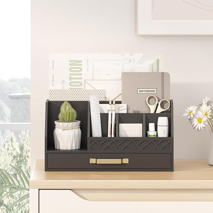 Bamboo Desk Organizer with Drawers, Mail Organizer Countertop Wood Desk Drawer Tabletop Storage Organization Pen Holder Letter Sorter Makeup Organizer for School Home Office (Black)