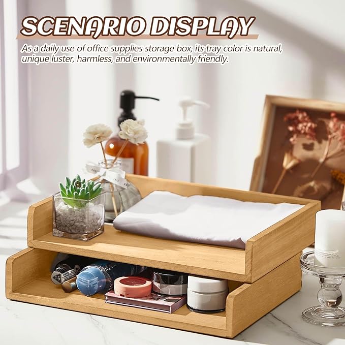 Yeaqee 4 Pcs Stackable Paper Organizer Tray Wood Desk Organizer Letter Tray Desktop Letter Size Office Wooden Desk Shelf Paper Holder Folder Organization Rack for Mail File Document(Light Wood Color)