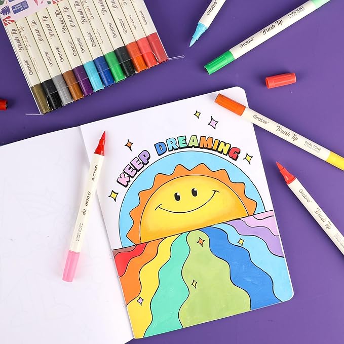 Grabie 24 Colors Paint Markers, Acrylic Paint Pens with 12 Dual-Color Brush Tips, Dual Tone Acrylic Markers for Rocks, Acrylic Paint Markers for Art Supplies (24 Dual Tone Colors)