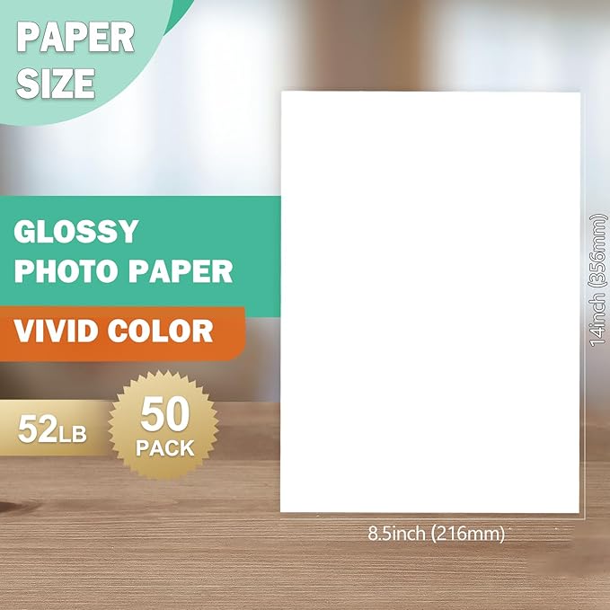 8.5 x 14 Glossy Photo Paper for Inkjet Printer, US Legal Size, 50 Sheets (P8514WS200GP)