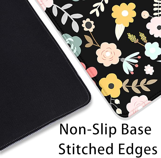 Black Cartoon Flowers Desk Pad Mouse Pad,Floral Prints Extended Large Gaming Mouse Mat with Stitched Edges,Non-Slip Waterproof Rubber Base Mousepad for Office Work Home Desk Mat(27.5X11.8 in)