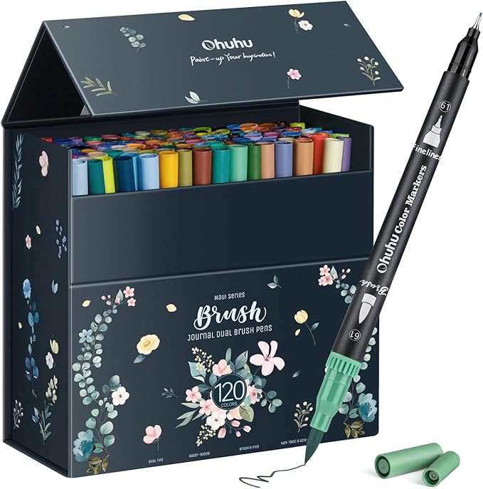 Ohuhu Markers for Adult Coloring Books No Bleeding 120 Colors Coloring Markers Water-based Dual Tips Fineliner & Brush Drawing Pens Art Pens for Kids Adults Sketch Journal - Maui - Black