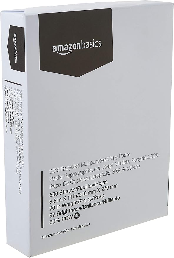 Amazon Basics 30% Recycled Multipurpose Copy Printer Paper, 8.5 x 11 Inches, 20 lb, 1 Ream, (500 Sheets), 92 Bright, White