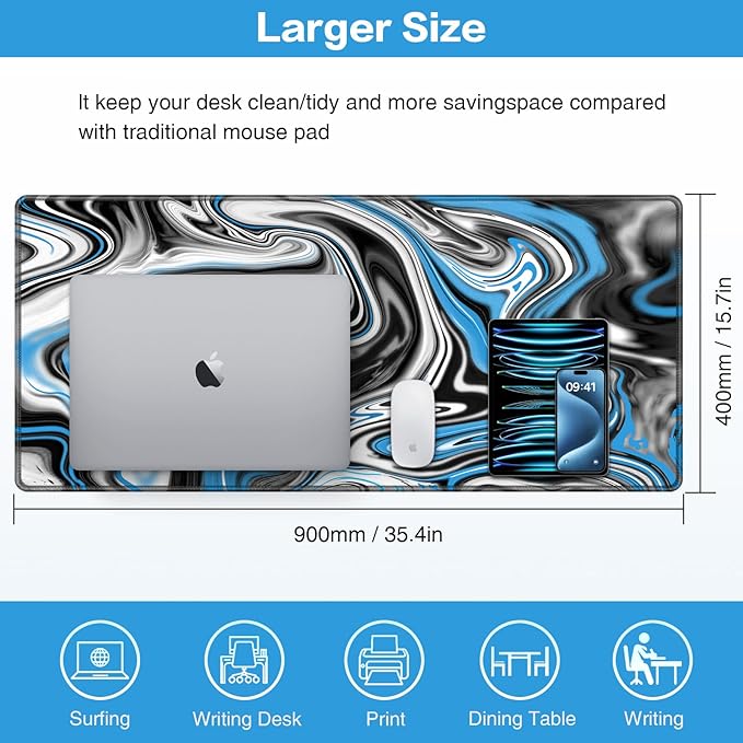 Gaming Mouse Pad Blue, Large Mouse Pad XXL 35.4×15.7in, Extended Computer Keyboard Mouse Mat Desk Pad for Laptop with Stitched Edges, Waterproof Mousepad for Gamer Home&Office Women