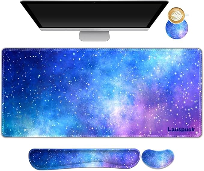 Desk Mat, Gaming Mouse Pad Wrist Rest Support Combo, XXL Large Mousepad + Keyboard Wrist Support +Mouse Wrist Rest+Coaster Set with Ergonomic Design 4in1 for Home Office, Nebula Galaxy