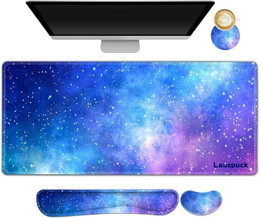 Desk Mat, Gaming Mouse Pad Wrist Rest Support Combo, XXL Large Mousepad + Keyboard Wrist Support +Mouse Wrist Rest+Coaster Set with Ergonomic Design 4in1 for Home Office, Nebula Galaxy