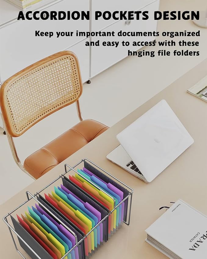 Plastic Expanding Hanging File Folders, 7 Pocket Extra Capacity Accordion Hang Folder, 1/5 Cut Adjustable Tabs, Multi-Color Lables, Letter Size for Filing Cabinet - 3 Pack