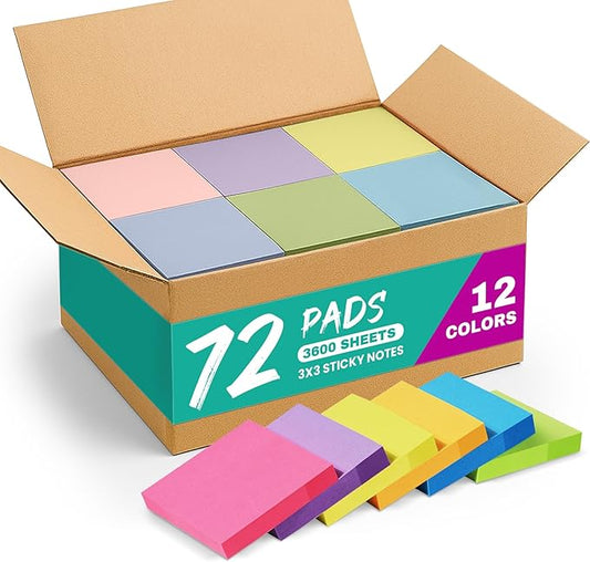 72 Pads Sticky Notes, 3x3 inches, Soft Pastel Self-Stick Note Pads, Perfect for Office, Study, and Daily Life Organization - 72 Pack