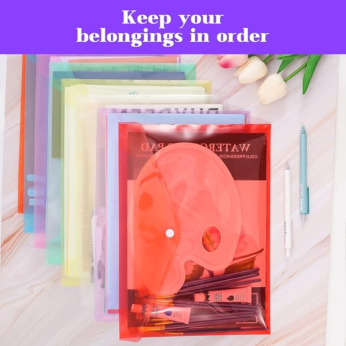 30pcs Plastic Envelopes,Poly Envelopes with Snap Button Closure,Clear Document Folders Letter A4 Size File Envelopes,Plastic File Folders for School Home Work Office Organization,8 Assorted Color (30)