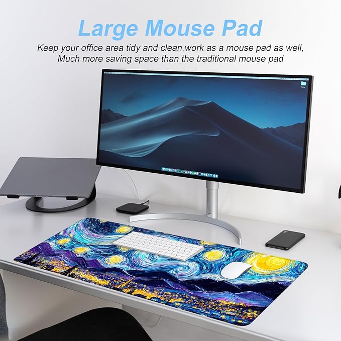 Vincent Van Gogh Starry Night Inspired Mouse Pad – Thicker 31.5" x 11.8" Extended Desk Mat with Dreamy Galaxy and Village Nightscape, Non-Slip Base & Smooth Surface for Office & Gaming
