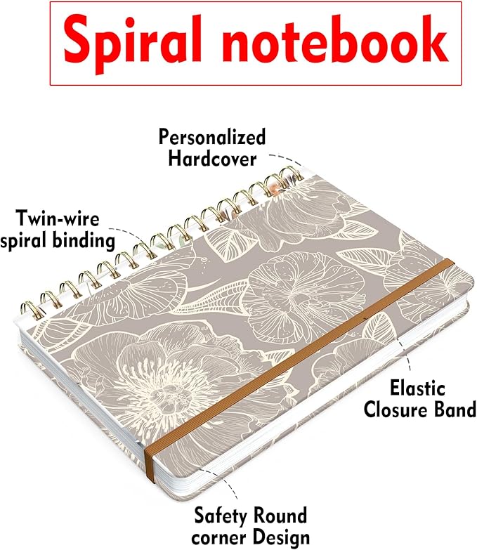 Spiral Journal Notebook for Women, Hardcover A5 College Ruled Notebook, 120 Pages, Thick Paper, Cute Lined Journal for School, Office & Work, 6 x 8.4 in(Gray Flower)
