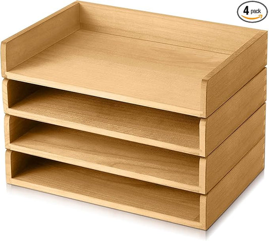 Yeaqee 4 Pcs Stackable Paper Organizer Tray Wood Desk Organizer Letter Tray Desktop Letter Size Office Wooden Desk Shelf Paper Holder Folder Organization Rack for Mail File Document(Light Wood Color)