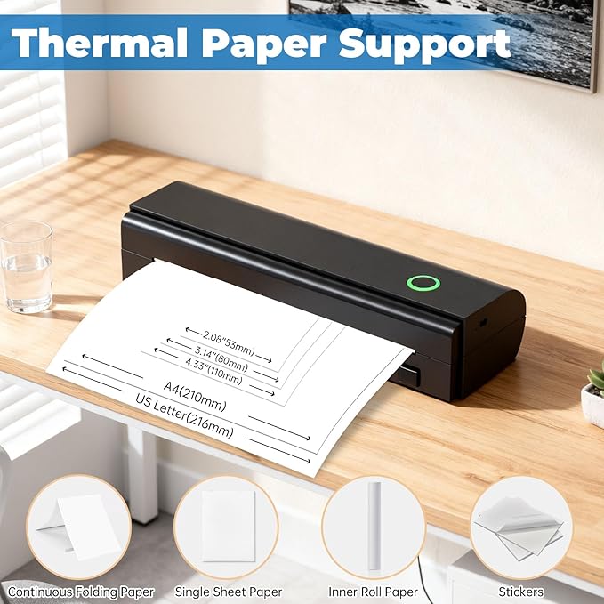 Portable Thermal Printer For Travel - N80 Inkless Bluetooth Printers, Wireless Impresora Portátil with 8.5"x11" US Letter Thermal Paper, Compatible with Phone, iOS, Android, Laptop For Home Office Car