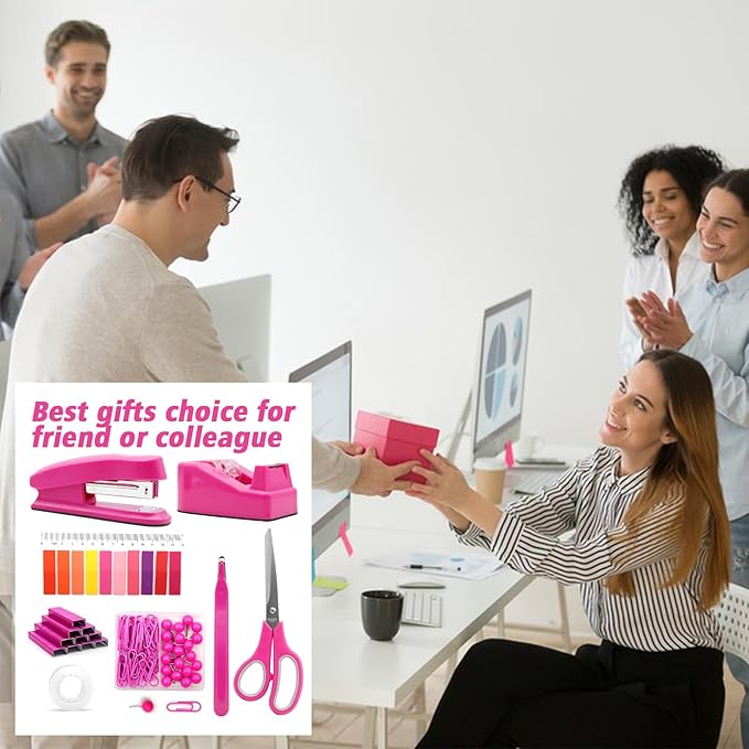 Hot Pink Desk Accessories Set - Stapler and Tape Dispenser Kit, Office Supplies Gift for Students, Women, Coworkers, Boss Lady, Office Clerks