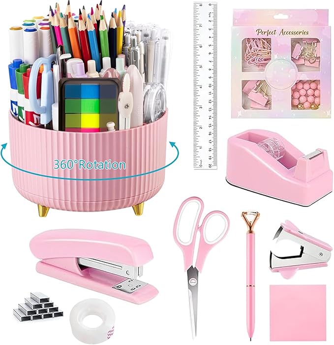 Office Supplies,Desk Accessories,with Stapler,Tape Dispenser,Staple Remover,Scissor,Ballpoint Pen,Sticky Notes,Clear Tape,Staples,Desk Organizer,Ruler,Binder,Best Gift Set(Pink)