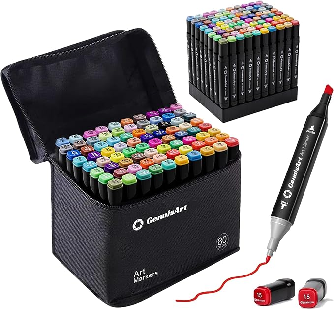 Alcohol Markers,80 Colors Chisel & Fine Dual Tips,Paint Markers For Coloring, Drawing, Sketching, Card Making and DIY Patinting- Perfect for Adults and Kids (Black Barrel, 80)