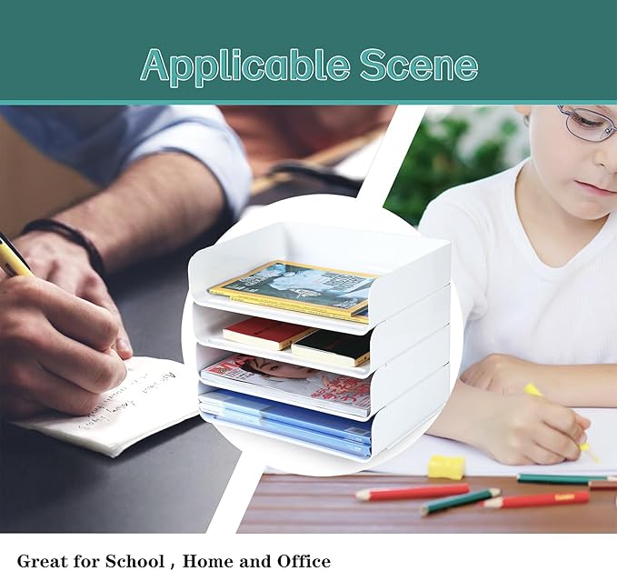 4 Tiers Stackable A4 Paper Trays, Office Desk File Holder, Tidy File Document Letter Book Paper Organizer (4 Tiers,White)