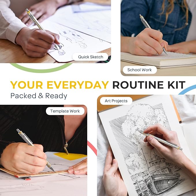 Nicpro Blocky Gear 0.9 mm Mechanical Pencils Set in Case, Metal Pencil with 0.9mm HB Lead Refills, Eraser for Professional & Adult Art Writing Drafting Drawing