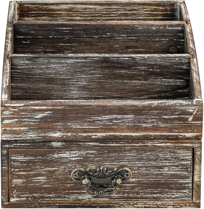 Office Desk Organizer with Drawers & Dark Brown Vintage Wood Desktop Storage Caddy 2pcs/set Workspace Supplies Farmhouse Mail Countertop Organizer Makeup Storage Box for Home Decor Supplies Vanity……