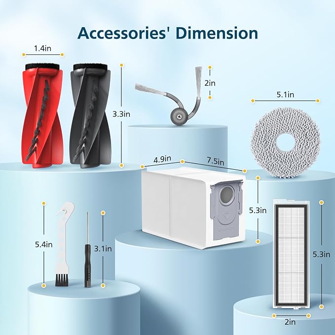 Qrevo S5V Replacement Parts for Roborock Qrevo S5V / Curv/Edge/Edge S5A / Curv S5X, Accessories include 1*Set Main Brush, 4*Mop Pads, 6*Vacuum Bags, 4*Hepa Filters, 4*Side Brush, 2*Cleaning Tool