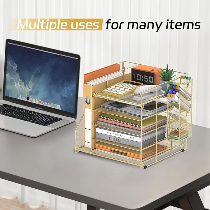 Desk Organizer with Magazine Holder, 5-Tier Paper Organizer for Desk with Pen Holder, Paper Letter Tray for Home, Office or School Supplies, Gold