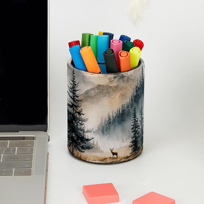 Watercolor Mountain Deer Circular Pen Holder, Pen Cup Makeup Brush Holder, Design for School, Home and Stationary Supplies (3.9 x 3.1 Inches)