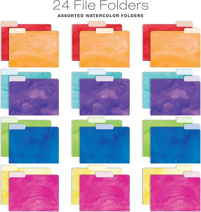 Global Printed Products Deluxe Designer Hanging File Folder Kit, Includes Metal Hanging Basket, 12 Hanging Folders, 24 File Folders, 1/3 Cut Tab, Assorted Positions, Letter Size (Watercolor Solid)