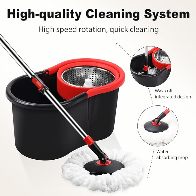 Spin Mop and Bucket, Mop and Bucket with Wringer Set for Home, 360 Spinning Mop Bucket Floor Cleaning Tool with 1 Microfiber Mop Replacement Head,50" Stainless Steel Handle (Black-Includes 1 mop)