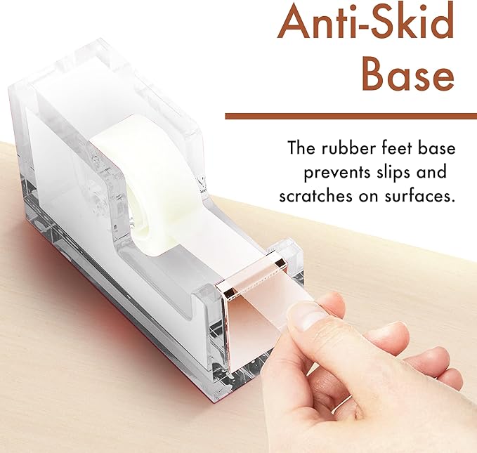 OfficeGoods Acrylic Tape Dispenser – Modern Desk Organizer for Office Supplies – Heavy Duty Refillable Tape Holder for Home and School Crafting – Stylish Desktop Accessory for Gift Wrapping, Rose Gold